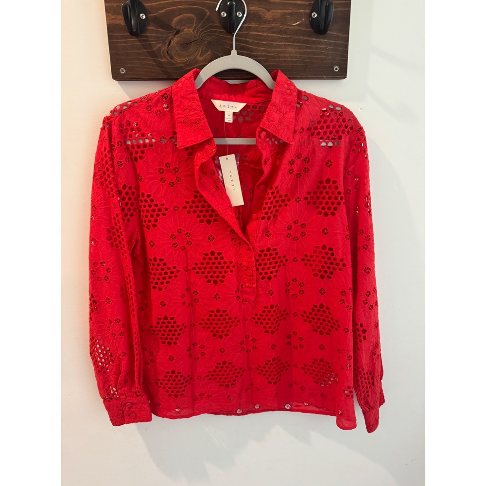 Adiva Red Eyelet Long Sleeve Button Front Embroidered Top NWT Size Medium